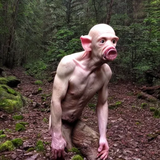 Image similar to gollum with body of a pig, rainy forest , trail cam