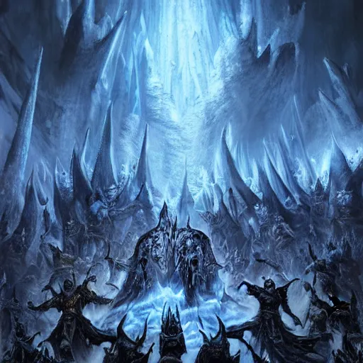 Image similar to vast ice dungeon, arthas the lich king summoning a horde of undead warriors, warcraft, warcraft artwork, mixed art, cinematic light, majestic, hyperrealistic, hyper detailed, dark fantasy, gritty