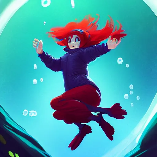 Image similar to madeline from celeste jumping into a green jelly bubble wearing a blue bubble jacket has a red long hair, highly detailed, digital painting, artstation, concept art, sharp focus, illustration, art by greg rutkowski and alphonse mucha