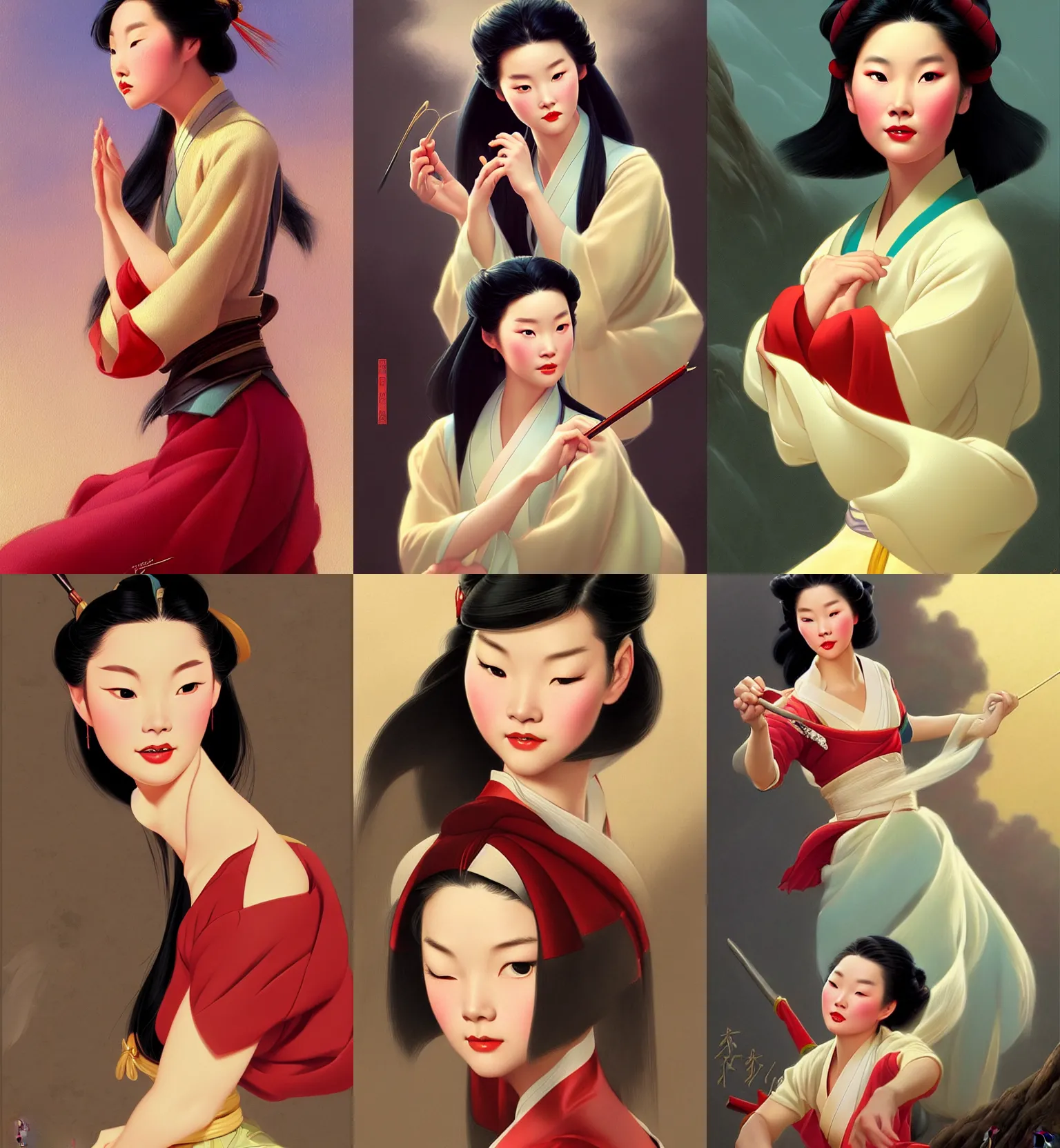 Prompt: portrait of a young mulan, dreamy and ethereal, expressive pose, peaceful expression, elegant, highly detailed, digital painting, artstation, concept art, smooth, sharp focus, by gil elvgren