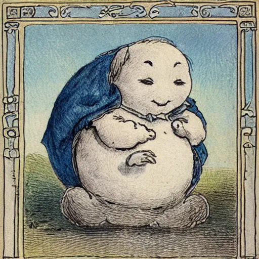 Image similar to candid portrait of white ball in the sky with face smiling eyes closed, surrounded by clouds, illustrated by peggy fortnum and beatrix potter and sir john tenniel