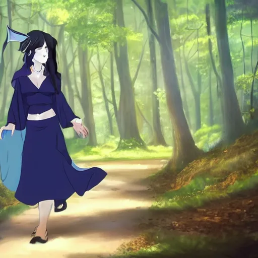 Prompt: A sorceress with short black hair, wearing a deep blue short-skirted magician's robe walks down a dusty path through a deep forest. Anime, with photo-like backgrounds.