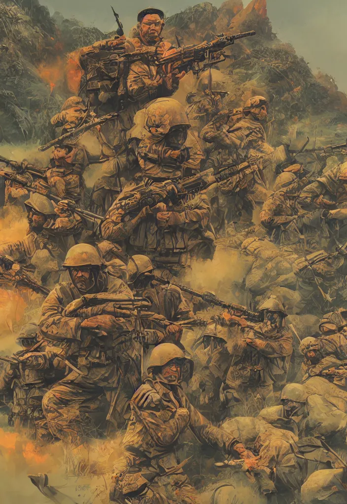 Image similar to handmade illustration of an epic Vietnam War scene, ballpoint, line art, heavy brushstrokes, oil on canvas by Kilian Eng and by Jake Parker, winning-award masterpiece, award-winning art, octane render, 8K HD Resolution, High quality image