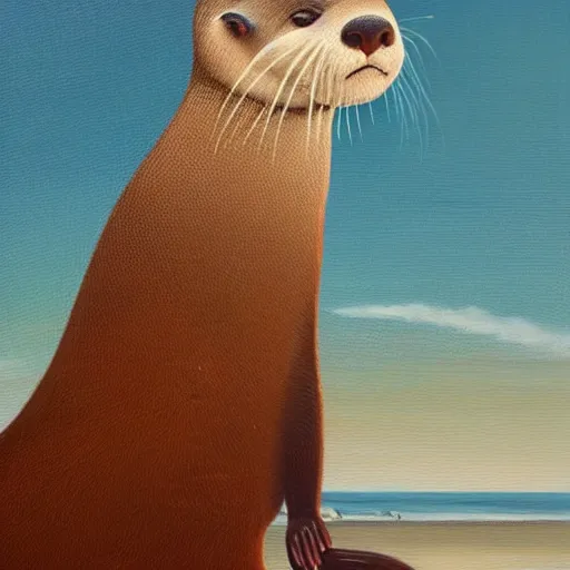 Image similar to An oil on canvas painting depicting an otter dressed as a pirate sitting on the beach overlooking his ship