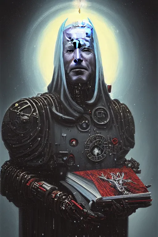 Image similar to painting of joe biden as a cloaked tech priest holding a book, adeptus mechanicus!, cybernetic enhancements attached to his body, praise the omnissaiah, zdzislaw beksinski, lewis jones, mattias adolfsson, warhammer 4 0 k!!, cold hue's, warm tone gradient background, concept art, digital painting