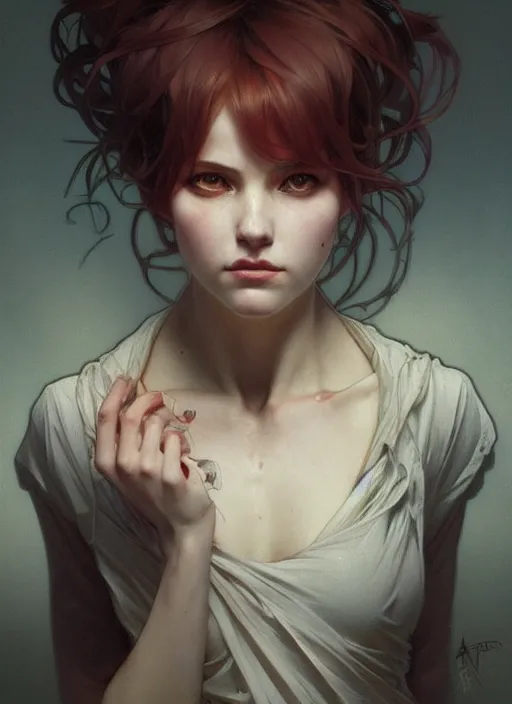 Prompt: the psychopath girl portrait art by artgerm and greg rutkowski and alphonse mucha, trending on artstation, cinematic light, pastel colors, volumetric shading, high radiosity dull skin, global illumination, radiant light, soft light, soft color dodge, subsurface scattering