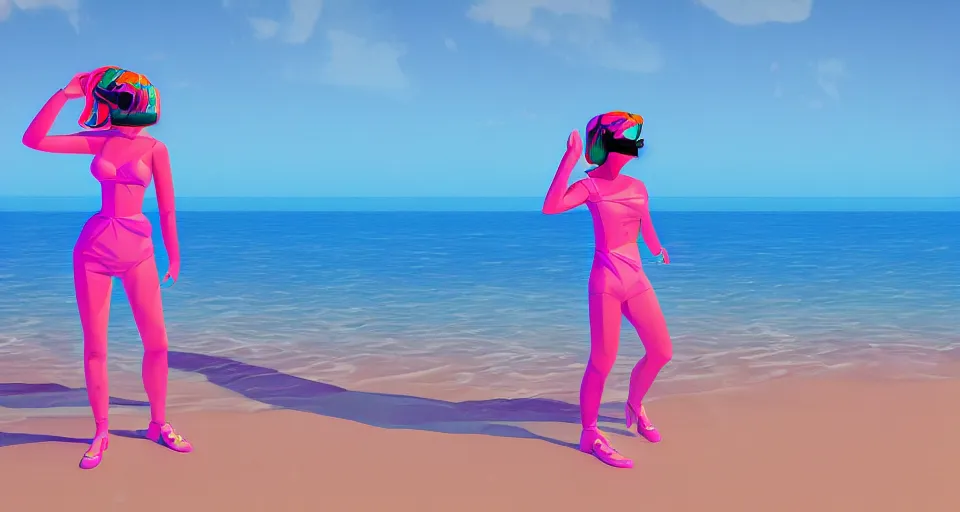 Prompt: fullbody vaporwave art of a fashionable mummy girl at a beach, early 90s cg, 3d render, 80s outrun, low poly, from Hotline Miami
