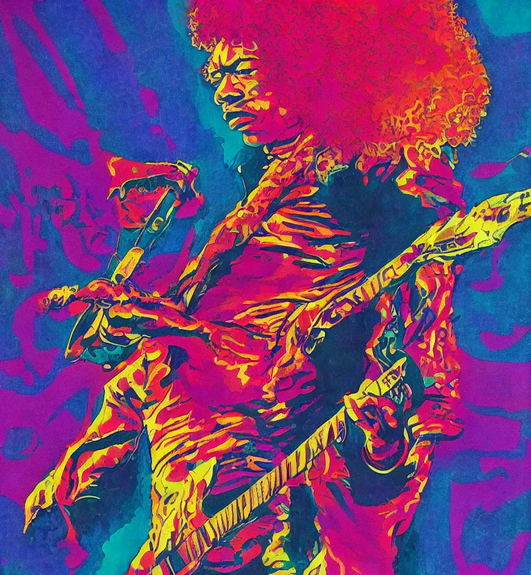 Image similar to jimi hendrix full body, colourful afrofuturist biomorphic scifi opart in background, by moebius, 8 k