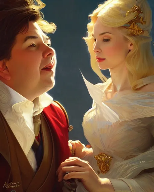 Prompt: Portrait of a  blonde lady and Michael mcintyre with Dogtanian, intricate, elegant, highly detailed, artstation, concept art, smooth, sharp focus, art by artgerm and greg rutkowski and alphonse mucha