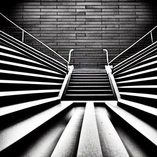 Image similar to black and white surreal photograph, highly detailed vast space made of stairsteps, sideview, detailed textures, natural light, mist, architecture photography, film grain, soft vignette, sigma 1 4 mm f / 1. 4 1 / 1 0 sec shutter, imax 7 0 mm footage