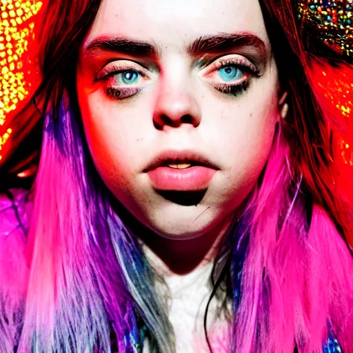 Image similar to beautiful portrait of amazing billie eilish in the street, explosion of neon lights, close up, 5 0 mm lens, model photography derailed realistic