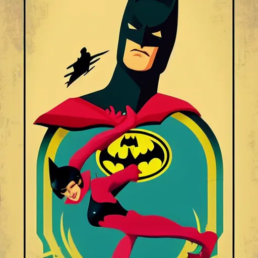 Image similar to retro poster with a painting of batman, an art deco painting by tom whalen, trending on behance, art deco, digital illustration, storybook illustration, art deco, flat shading, vector art, airbrush