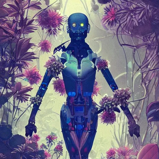 Image similar to a cyborg in some plants with flowers for a face by satoshi kon and greg rutkowski, 7 0's vintage sci - fi flat surreal design