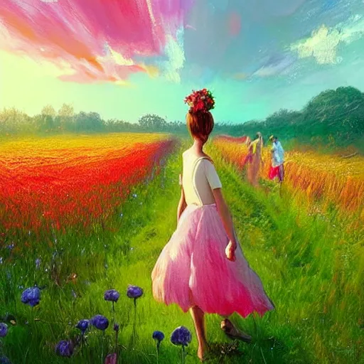 Image similar to giant flower as a head, girl walking in flower field, surreal photography, sunrise, dramatic light, impressionist painting, colorful clouds, digital painting, artstation, simon stalenhag