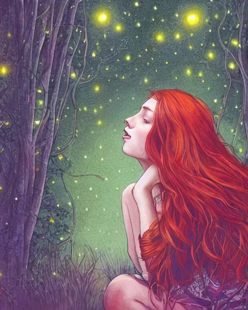 Prompt: a young woman, admiring the lights of golden fireflies, sitting in the midst of nature fully covered, long loose red hair, intricate linework, green eyes, small nose with freckles, oval shape face, soft happy smile, realistic, expressive emotions, mystical scene, hyper realistic ultrafine detailed illustration by james jean