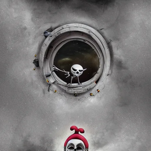 Image similar to michal karcz surrealism grunge drawing of the end of an astronaut happy in the galaxy. , in the style of jack skellington, in the style of a clown, loony toons style, horror theme, detailed, elegant, intricate, 4k, Renaissance painting