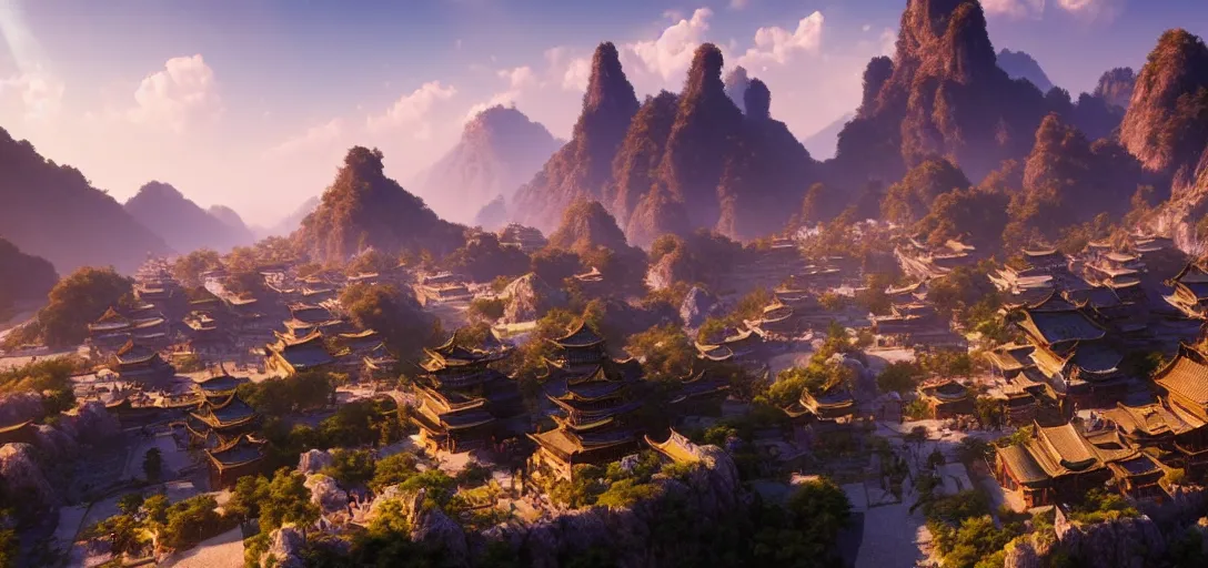 Prompt: epic view of beautiful ancient chinese city, clear blue skies, mountains and hills in the far background distance, unreal engine, dramatic lighting, detailed, ambient occlusion, global illumination, god rays, 3 d artstation render by greg rutowski and jessica rossier