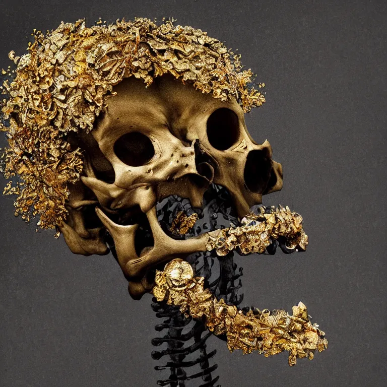 Prompt: A beautiful oil painting hyperrealism of a decayed black skeleton head, rotting black clay skin, bones, close up, gold flowers, gold floral headdress, 8k resolution, octane render, Trending on artstation, by Gediminas Pranckevicius, volumetric light 2blue fractal Thunder glow by dan mumford, anaglyph effect, Laurie Lipton