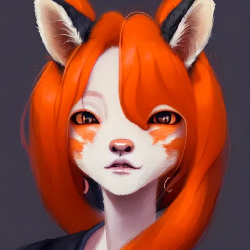 Image similar to character design portrait of a beatiful chinese anthropomorphic furry fox woman with fox ears, long orange hair, wearing a suits, looking at the camera, 4 k, concept art, by wlop, wenjun lin, watercolor, ilya kuvshinov, artgerm, krenz cushart, pixiv.