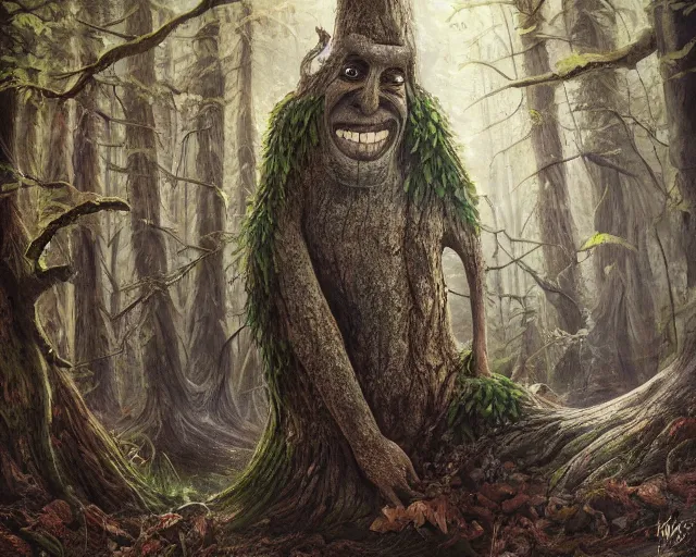 Prompt: a talking tree, a smiling face in the bark, nose made of wood, mouth in the bark, eyes in the bark, fantasy concept art, fantasy oil painting, hyperrealistic, magical, highly detailed, artstation, cgsociety, in the forest