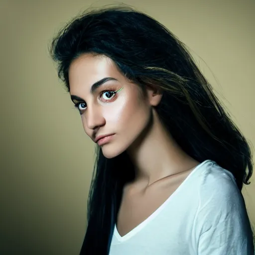 Prompt: beautiful female angel, Moroccan, asymmetrical face, ethereal volumetric light, sharp focus