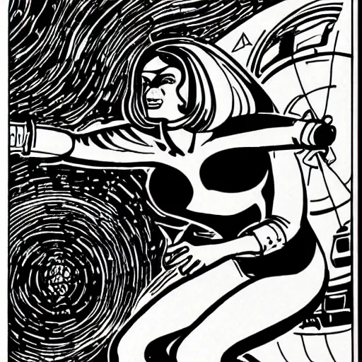 Prompt: clean simple line art with heavy black outlines of a woman floating in space wearing a space suit. no background. well composed, clean coloring book page, beautiful detailed face. coloring book line art by mike mignola and steve ditko