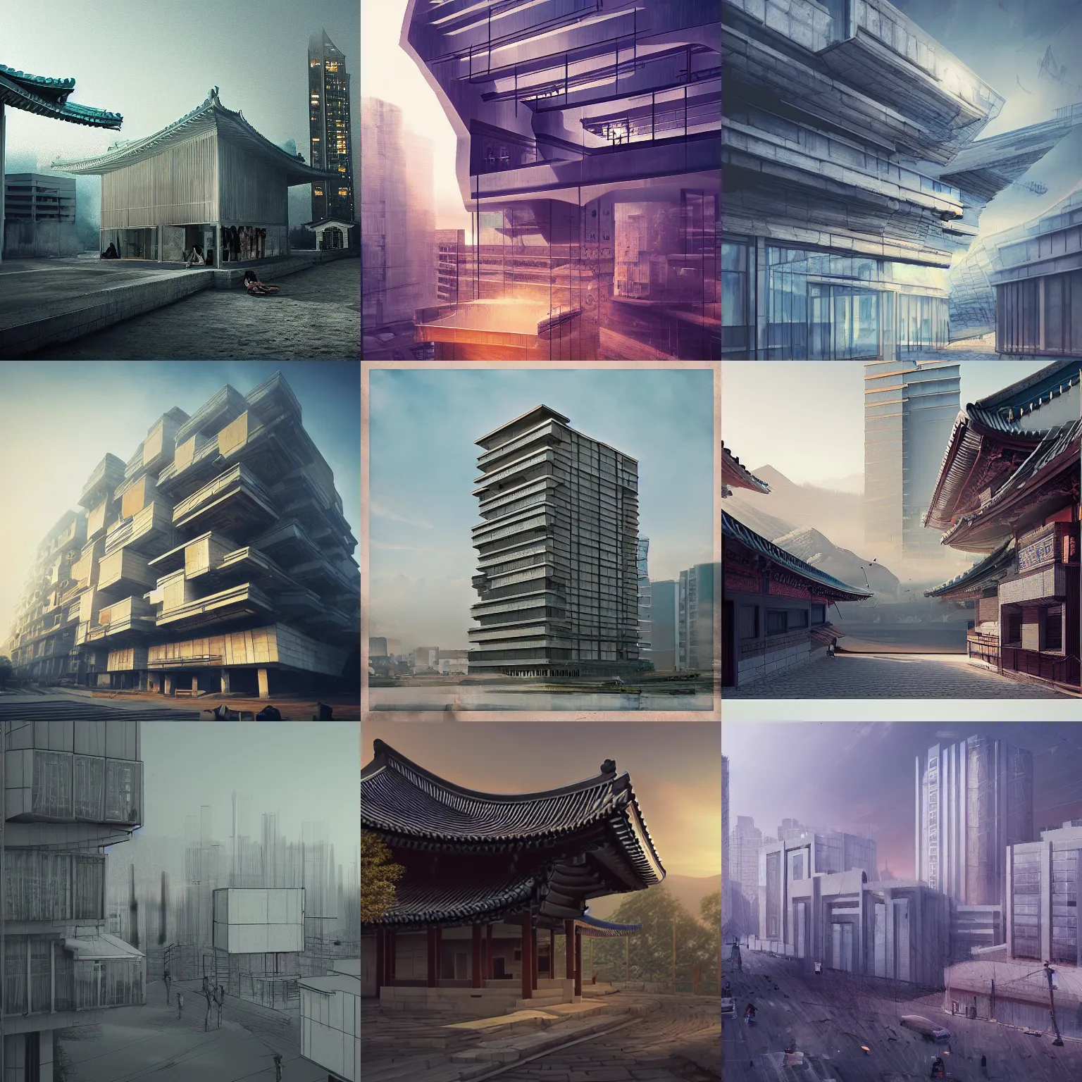 Prompt: blowback, korean architecture, dawn, digital art, trending on artstation