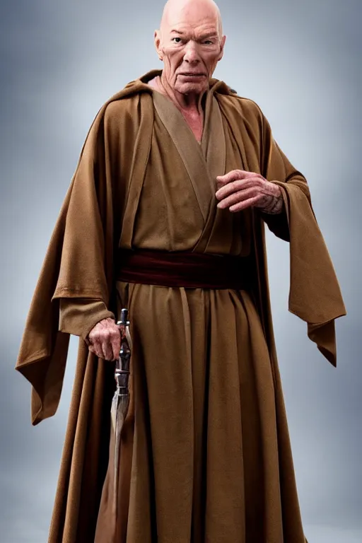 Image similar to photorealistic!! sir patrick steward as a jedi knight, brown jedi robe, film quality