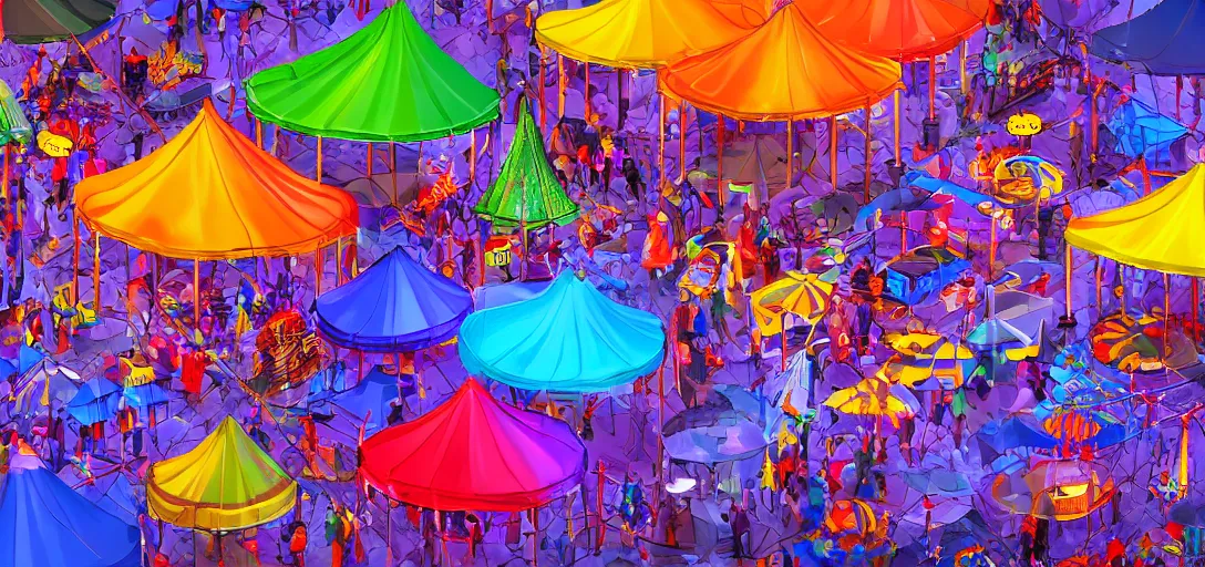 Image similar to Look of Small outdoor carnival, rain, night, colorful tents, digital art, 8k, many details