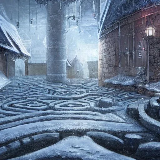 Image similar to fantasy concept art, walled city abut to a labyrinth, snowy weather, 8k, high detail