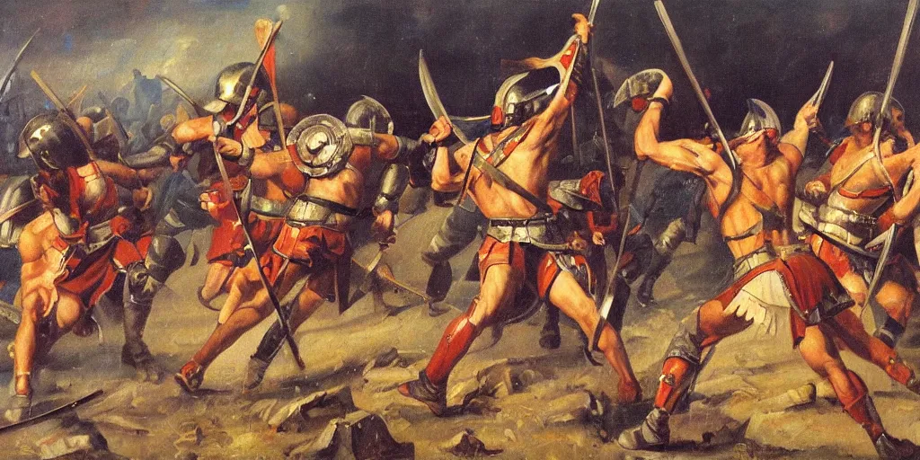 Prompt: one spartan warrior fighting medieval army, oil painting, masterpiece, sharp focus,