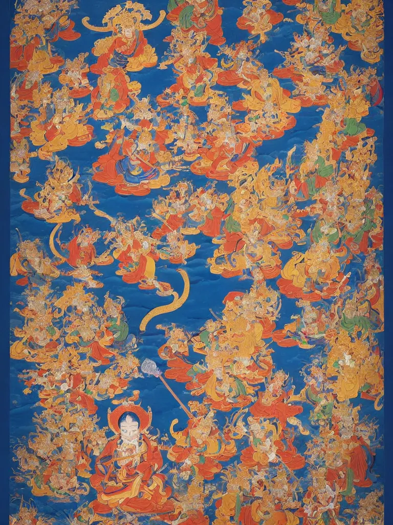 Image similar to a Beautifully exquisite WUKONG Thangka, with intricate details and bright colors. WUKONG is shown in the center, surrounded by demons that he is defeating. The background is a deep blue, with mountains and clouds. The thangka is framed in a gold border, from which rays of light are emanating by WU DAOZI, zhang xuan, qiu ying, Chris Saunders,