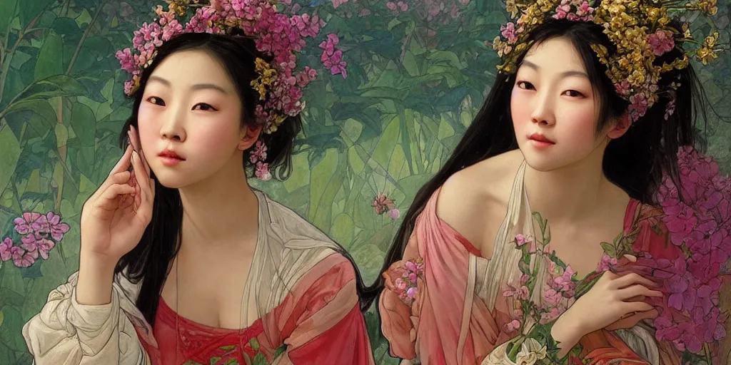 Prompt: a portrait of a very beautiful Asian young woman with giant flowers behind her head, looks like Tang Wei, in the style of WLOP and Alphonse Mucha and Ross Tran, realistic, seductive, closeup, facing the camera, dramatic lighting