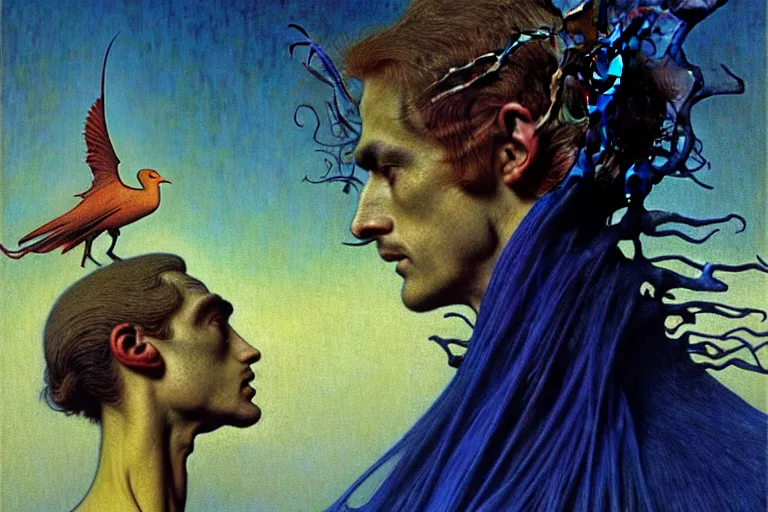 Image similar to realistic detailed portrait painting of a man with head of a bird, nightly graveyard landscape background by Jean Delville, Amano, Yves Tanguy, Max Ernst, Alphonse Mucha, Ernst Haeckel, Edward Robert Hughes, Roger Dean, masterpiece, cinematic composition, dramatic pose, 4k details, rich moody colours, blue eyes