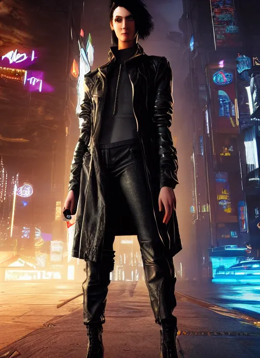 Image similar to black haired woman in a trench coat in a black cyberpunk 2 0 7 7, full body, intricate, highly detailed, face enhance, realistic