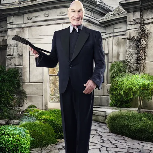 Prompt: older fantasy butler that looks similar to michael kane mixed with patrick stewart, full body portrait, mid - shot, handsome, 4 k, detailed, photo realistic, balding, well dressed, pet rat on shoulder