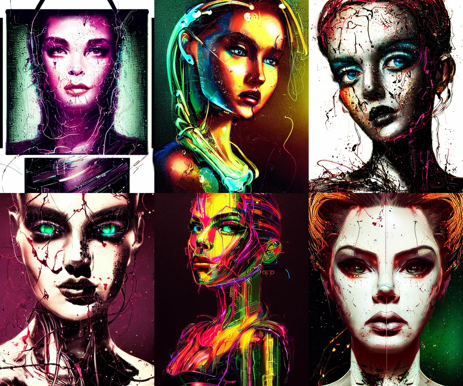 Prompt: Android beauty with ripped cables and electrical wires, retro beauty portrait, dramatic lighting, by artgerm and tony sart and wlop, black gold ink stylized splatter neon art