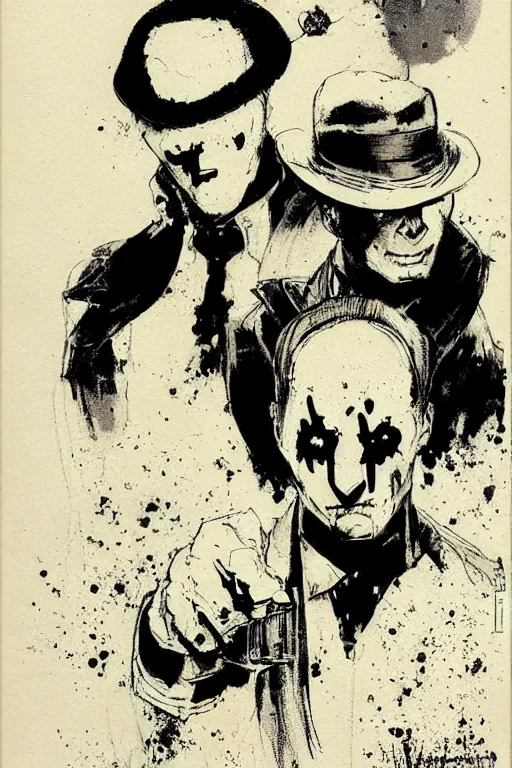 Image similar to Rorschach and The Comedian aka Edward Morgan Blake from the movie Watchmen painted by Norman Rockwell, Greg Rutkowski and Dave Gibbons, Sadamoto Yoshiyuki, Yoki Shinkawa, high detailed perfect faces, trending on Artstation, page scan from book, watchmen comics color scheme, noisy film grain effect, super wide shot, 30mm, intricate, fine details, trending on artstation,