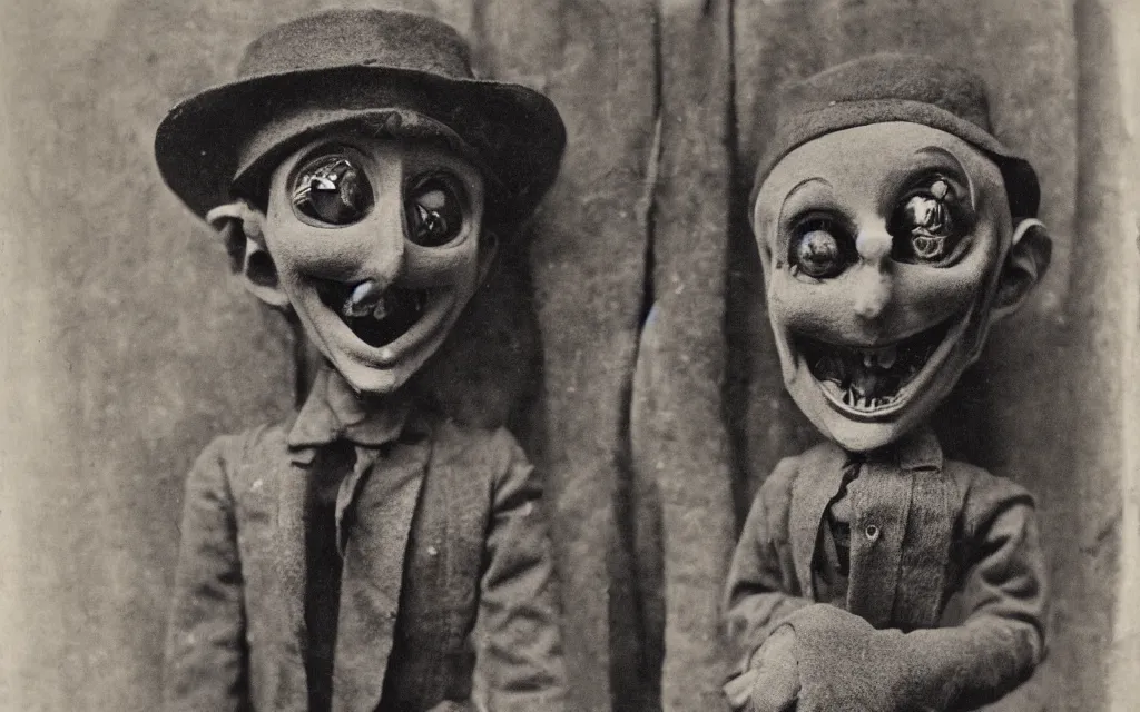 Image similar to a ventriloquist figure, ventriloquist dummy head, smiling, photograph, style of atget, nightmare, concept art, creepy