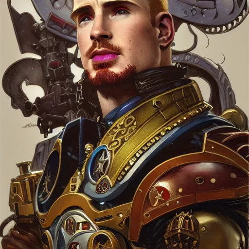 Image similar to full portrait of warhammer 4 0 k chris evans, fantasy, d & d, intricate, detailed, by by alphonse mucha, adolfo hohenstein, alice russell glenny, stanley artgerm lau, greg rutkowski, detailed, trending on artstation, trending on artstation, smooth