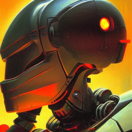 Image similar to a dark and colorful close - up side profile portrait of a sci - fi mecha robot with led lights glowing fog in the background. highly detailed science fiction painting by norman rockwell, frank frazetta, and syd mead. rich colors, high contrast, gloomy atmosphere, dark background. trending on artstation