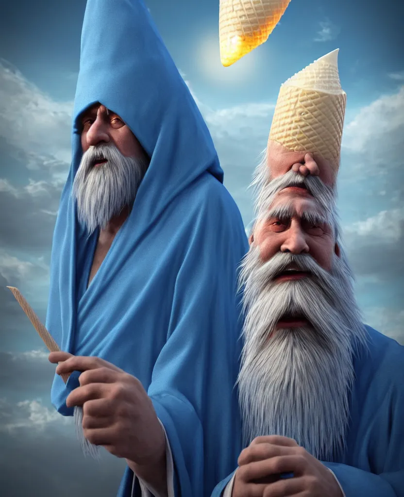 Image similar to hyper realistic matte painting of an ancient wizard in blue robes with a long white beard as he is resting inside of a giant empty ice cream cone, the wizard is looking out from the top, extremely detailed, photorealistic, octane render, 4 k, 8 k