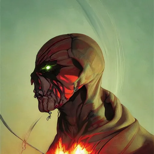 Image similar to 4k headshot of Spawn from Macfarlane comics , killing with green fire by Craig Mullins, ilya kuvshinov, krenz cushart, epic , artgerm trending on artstation by Edward Hopper and Dan Mumford and WLOP and Rutkovsky, beksinski carl spitzweg moebius and tuomas kocar, intricate artwork by caravaggio, Unreal Engine 5, Lumen, Nanite , 4K headshot of godlike clown with defined arms and open hands and bloody clothes with giant mandala wings , intricate face , flawless anime cel animation by Kentaro Miura, psychedelic , highly detailed upper body , professionally post-processed , beautiful, scary, symmetry accurate features, epic, octane rendered, anime masterpiece, accurate