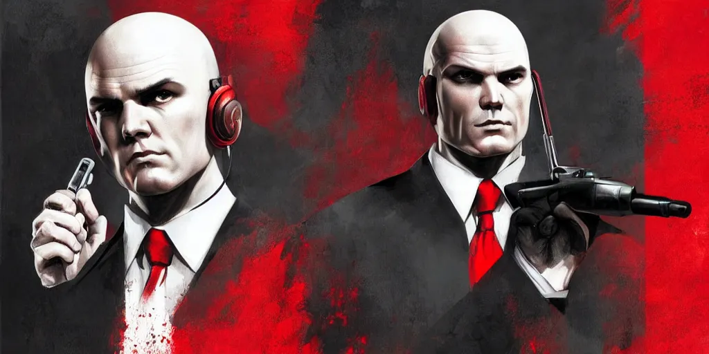 Prompt: a portrait of agent 4 7 from hitman wearing large headphones while pointing a silverballer, dark background, red rim light, smooth, sharp focus, art by irina french