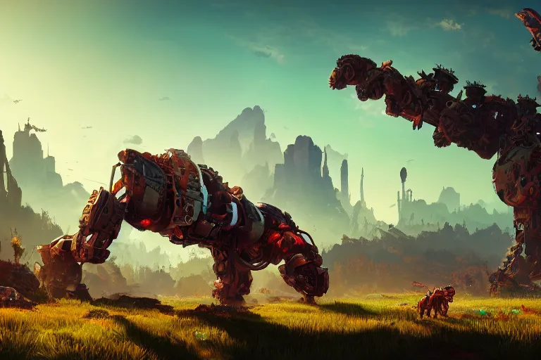 Image similar to behemoth machine mecanical creature robot of horizon forbidden west horizon zero dawn radiating a glowing aura global illumination ray tracing hdr fanart arstation by ian pesty and alena aenami artworks in 4 k