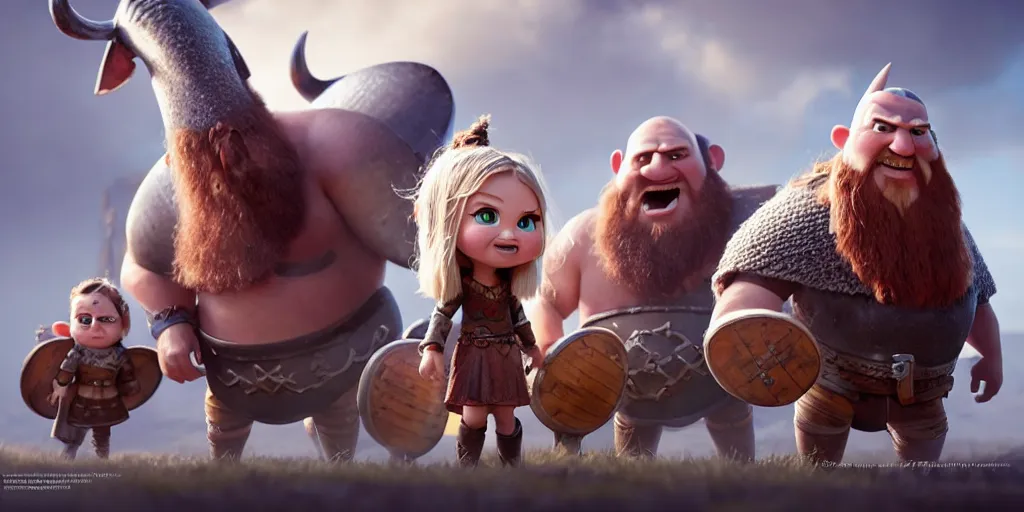 Image similar to adorable vikings, pixar render, brilliant style by Artstation, Artstation Trending, cgsociety, high quality, very coherent, ultra realism, high definition, post processing, unreal engine, 8k, high resolution, octane render, high contrast, 4k UHD, photographic, digital art, artstation,