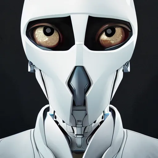 Image similar to portrait of a character with many robotic eyes, wearing sleek clothes, wearing a flowing white tailcoat, wearing a futuristic insectoid armored white mask with five circular lenses for eyes, the mask covers his entire face, many eyes, dramatic lighting, illustration by Greg rutkowski, yoji shinkawa, 4k, digital art, concept art, trending on artstation