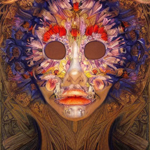 Image similar to masterpiece painting of a facemask made of flowers, by annie swynnerton and jean delville and tino rodriguez and diego rivera, flower mask, flower shaman, spooky dark psychedelic, symbolist, dramatic lighting, god rays, elaborate geometric ornament, clean crisp graphics, soft cool colors, smooth sharp focus, extremely detailed