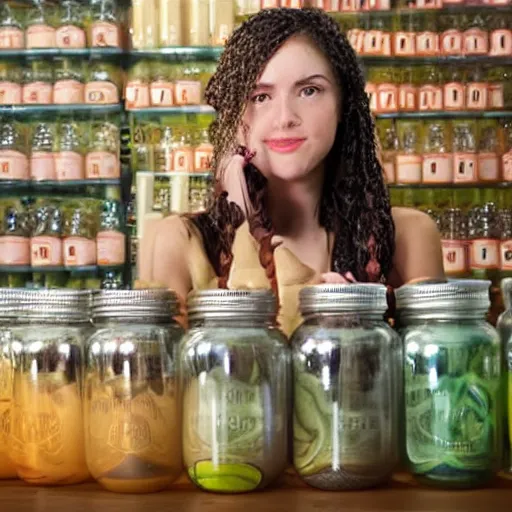 Image similar to young woman selling snake oil, putting snakes into jars, multiple jars of poisonous snake oil