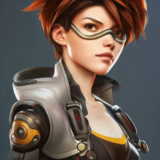 Image similar to character portrait of Tracer from Overwatch, intricate, wild, highly detailed, digital painting, artstation, upper body, concept art, smooth, sharp focus, illustration, art by artgerm and greg rutkowski and alphonse mucha